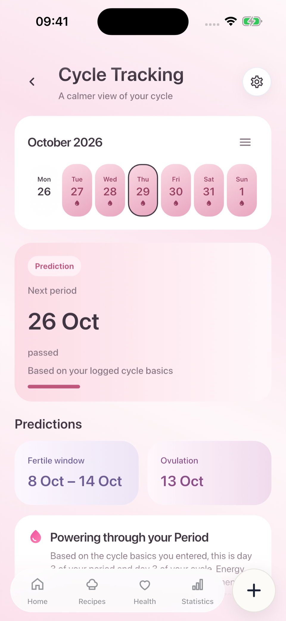 Track your menstrual cycle — original Fitable app screen